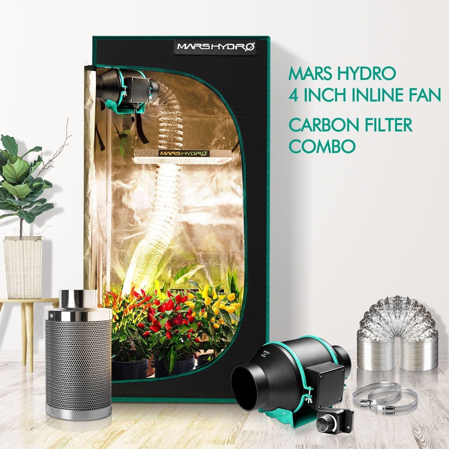 Air Filtration Kit PRO 4, Inline Fan with Smart Controller, Carbon Filter  & Ducting Combo