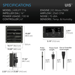 Ac Infinty Shutter Exhaust Ventilations Fans AIRLIFT T16, Shutter Exhaust Ventilation Fan 16", Temperature and Humidity Controller