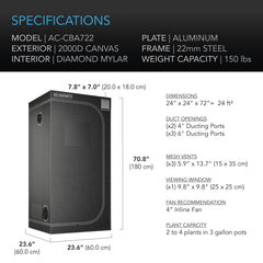 Ac Infinty Grow Tents & Some Accessories CLOUDLAB 722, Advance Grow Tent 2x2, 2000D Diamond Mylar Canvas, 24" x 24" x 72"