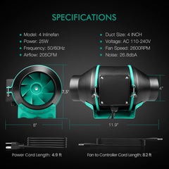 MarsHydro Hydroponics Mars Hydro 4 inch Inline Duct Fan and Carbon Filter Combo with Speed Controll